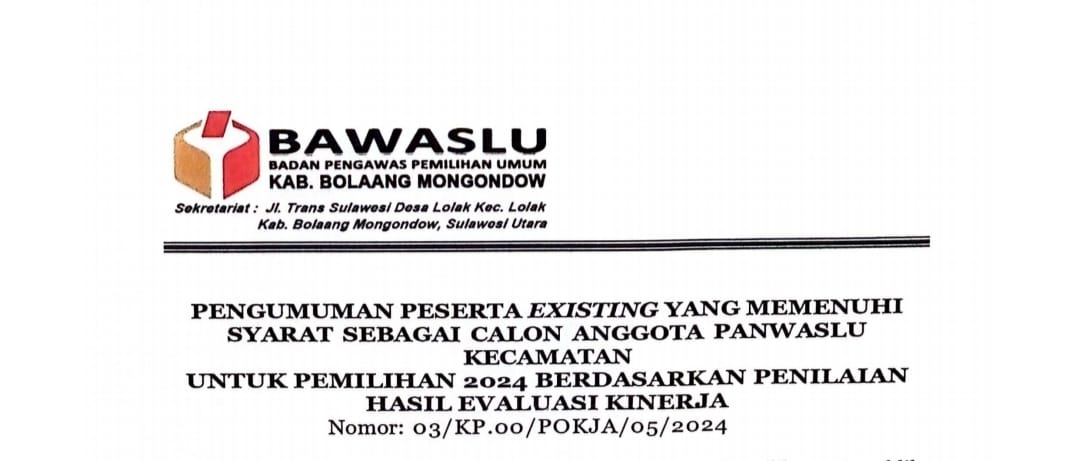 Bawaslu Bolmong: Berikut Nama-Nama Calon Anggota Panwas Kecamatan Memenuhi Syarat