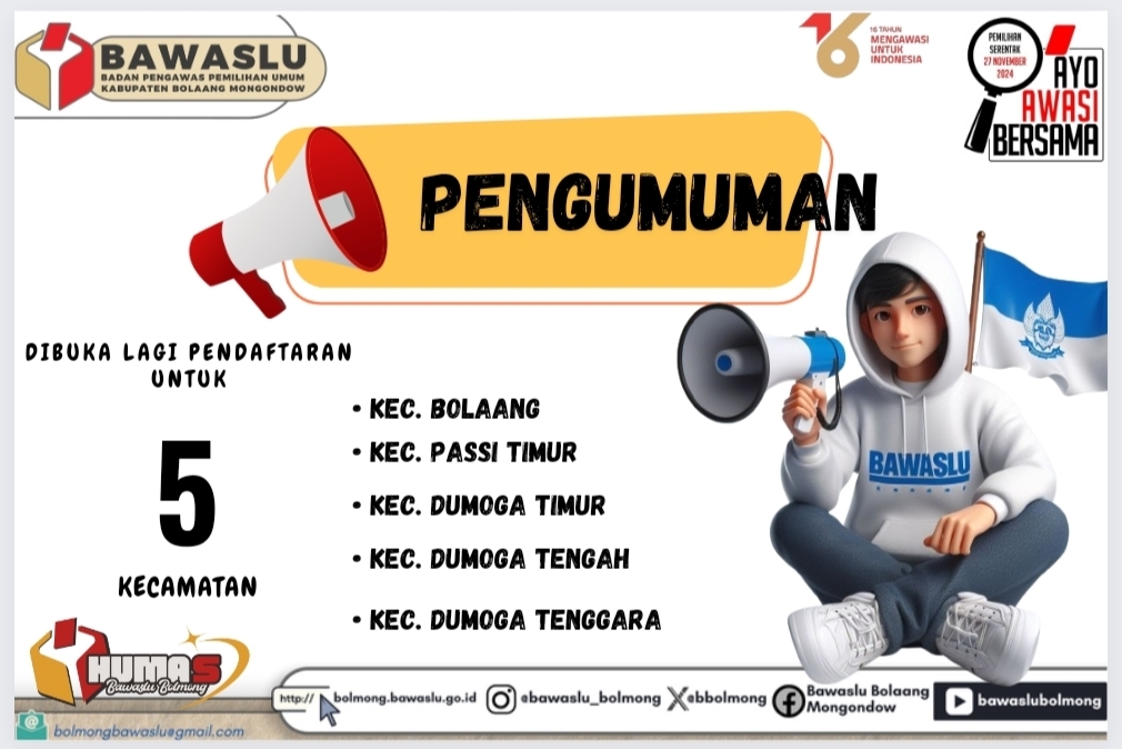 Bawaslu Bolmong Perpanjang Pendaftaran Panwascam Untuk 5 Kecamatan Belum Memenuhi Kuota