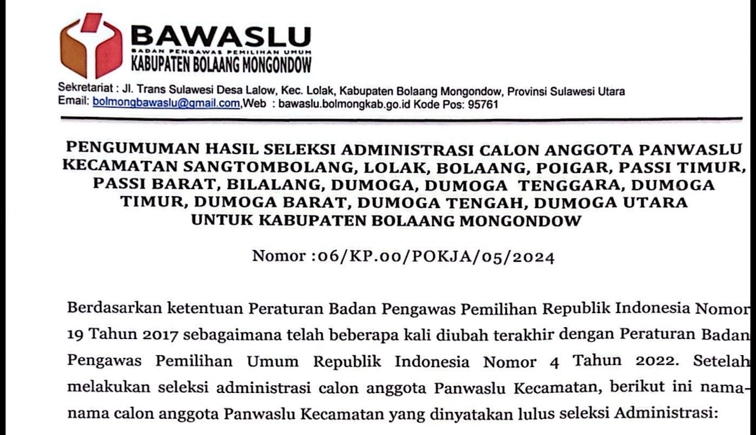 Berikut Hasil Seleksi Administrasi Calon Panwaslu Kecamatan, Peserta Wajib Ikut CAT.