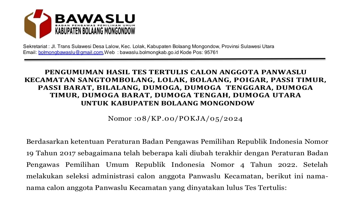 Bawaslu Bolmong Umumkan Hasil Tes Tertulis Calon Anggota Panwaslu Kecamatan, Berikut Tanggal Wawancaranya//