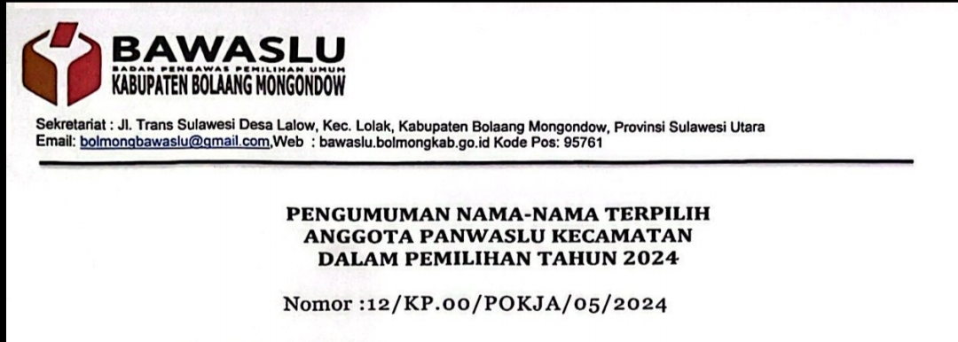 Berikut Nama-Nama Yang Lolos Sebagai Anggota Panwaslu Kecamatan Terpilih Untuk Pemilihan Tahun 2024