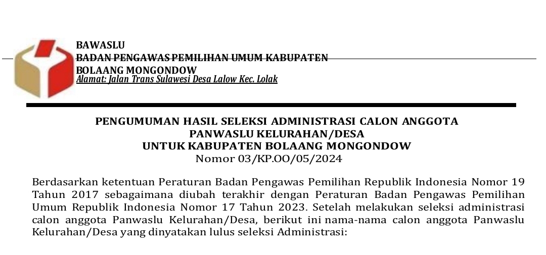 Pengumuman Hasil Seleksi Administrasi Calon PKD Se - Bolmong