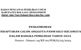 Bawaslu Bolmong Umumkan Buka Pendaftaran Panwascam, Ini Syaratnya!