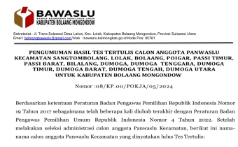 Bawaslu Bolmong Umumkan Hasil Tes Tertulis Calon Anggota Panwaslu Kecamatan, Berikut Tanggal Wawancaranya//